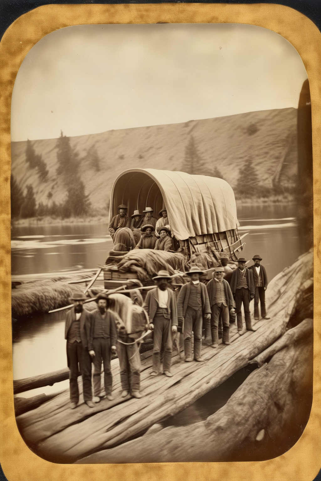 00097-3590919433-_lora_Albumen Print_1_Albumen Print - a covered wagon on the oregon trail being ferried across the river on a large log ferry ra.png